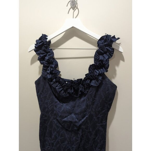 Maggy London Hot To Trot Navy Blue Ruffle Dress Size 8 90s Knee Length - Picture 2 of 10